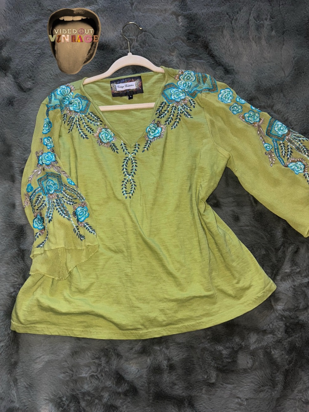 Vintage Vibe Embroidered Olive Green V-Neck Tunic by